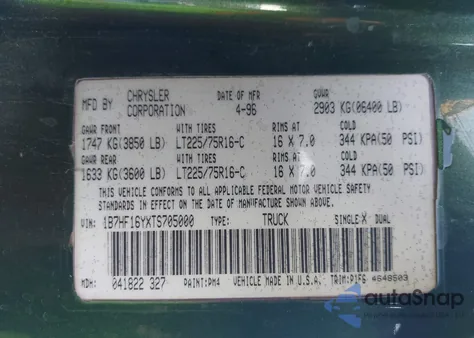 1996 Dodge Ram 1500 from USA, damaged, VIN 1B7HF16YXTS705000